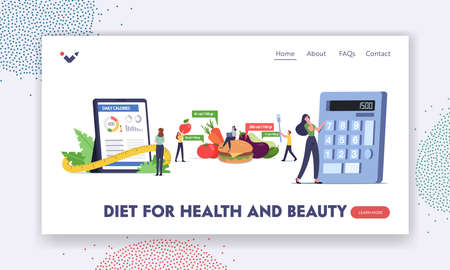 Mobile App Calculator for Nutrition and Dieting Landing Page Template. Characters Counting Calories Using Applicationのイラスト素材