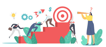Business Characters Team Climbing Stairs with Huge Target on Top. Business People Next Step, Reach Next Aim, Teamworkのイラスト素材