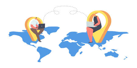 Outsourcing Virtual Concept. Characters with Laptops on World Map. Hr, Human Resource Management Business Technologyのイラスト素材
