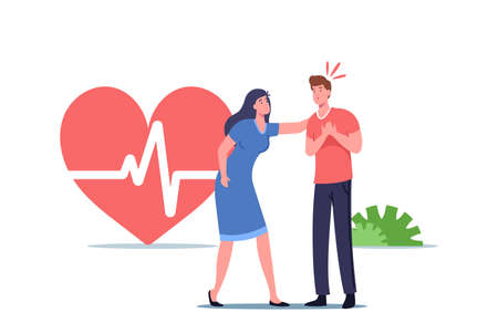 Woman Trying to Help Diseased Passerby with Heart Attack, First Aid Concept. Man Holding Chest Need CPR Medical Careのイラスト素材