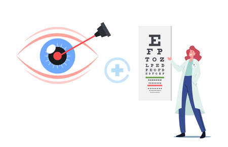 Laser Correction of Myopia or Nearsightedness Diseases, Eye Surgery Concept. Oculist Stand front of Huge Snellen Chartのイラスト素材