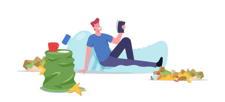 Plastic Pollution, Untidiness Concept. Sloppy Character Live in Garbage, Man Sitting on Huge Plastic Bottle with Trashのイラスト素材