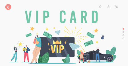 VIP Card, Celebrity Persons Lifestyle Landing Page Template. Characters with Gold Cards Premium Service, Woman with Dogのイラスト素材