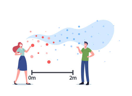 Airborne Virus Transmission. Characters Communicate with Flying Contagious Cells around. People Stand on Distanceのイラスト素材