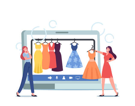 Professional Shopper Female Character and Personal Fashion Stylist Choose Stylish Clothes in Online Apparel Storeのイラスト素材