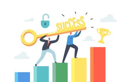 Business Characters Teamwork. Team of Businesspeople Holding Golden Key Climb to Financial Success with Trophy on Topのイラスト素材
