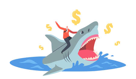 Brave Businessman Riding Dangerous Shark with Gold Dollar Signs around, Professional Entrepreneur Fight with Predatorのイラスト素材