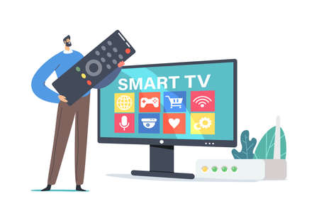 Tiny Character with Huge Remote Control stand at Huge Television Set with Smart Tv. Network Connected Interactive Deviceのイラスト素材