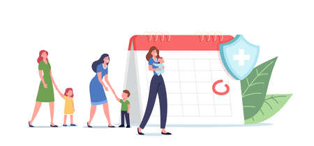Tiny Patients Characters Wait for Vaccination near Huge Calendar with Rounded Date. Vaccine for Protection from Diseaseのイラスト素材