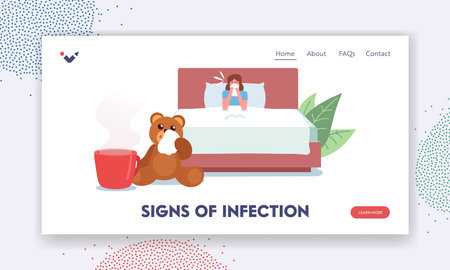 Signs of Infection Landing Page Template. Flu and Viral Sickness. Diseased Woman Sneezing with Wipe. Medicine, Illnessのイラスト素材