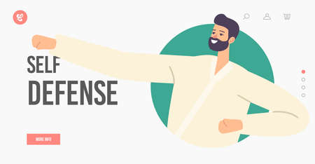 Self Defense Landing Page Template. Male Characters Training Martial Arts. Man in Kimono Stand in Fighting Postureのイラスト素材