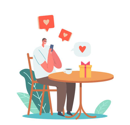 Online Date, Man Chatting via Smartphone Application Sending Messages to Woman in Social Media Internet Networkのイラスト素材