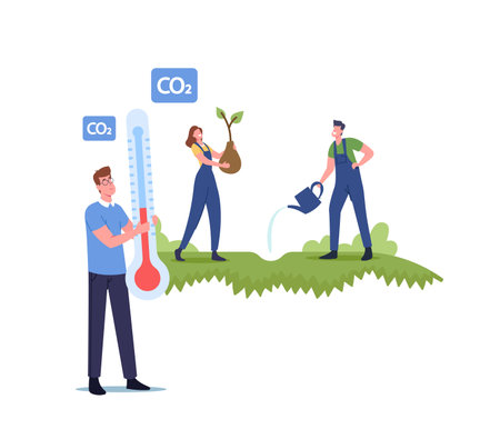 Save Biosphere, Stop Global Warming Concept. Revegetation, Reforestation and Planting, Volunteers Planting Treesのイラスト素材