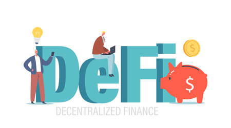 DeFi, Decentralized Finance. Tiny Business people with Huge Piggy Bank and Light Bulb Work on Cryptocurrency Marketのイラスト素材