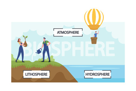 People Presenting Biosphere Infographics. Earth Atmosphere, Lithosphere and Hydrospehre. Tiny Characters Watering Plantsのイラスト素材