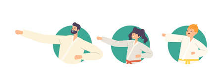 Set of Family Characters Training Martial Arts. Father and Children Wearing Kimono with Colorful Belts Fighting Sportのイラスト素材