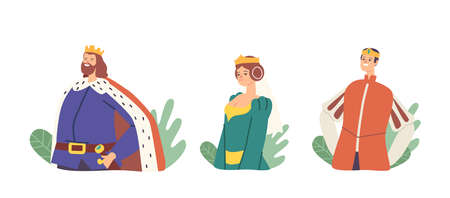 Medieval Royal Family Members King, Queen with Prince or Princess in Costumes, Isolated Ancient Historical Personsのイラスト素材