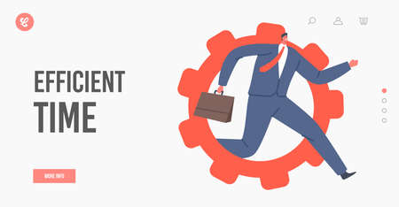 Efficient Time Landing Page Template. Tiny Male Character Running Inside of Huge Gear, Cogwheel...