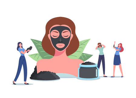Spa Natural Baths, Beauty and Cosmetology. Tiny Female Characters around Huge Woman Head with Mineral Mud Facial Maskのイラスト素材