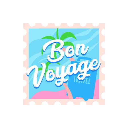 Bon Voyage Travel Icon with Palm Trees and Suitcase on Postal Stamp. Label or Emblem for Traveling Agency Serviceのイラスト素材