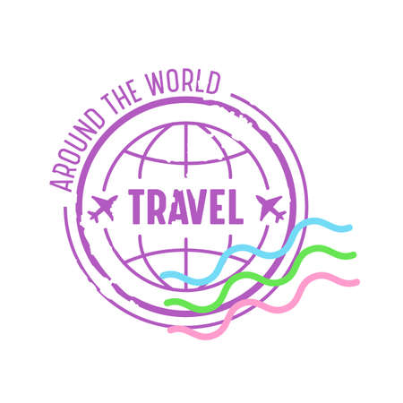 Around the World Travel Emblem for Traveling Agency. Icon with Earth Globe and Airplanes Isolated on White Backgroundのイラスト素材
