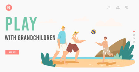 Happy Characters Summer Recreation at Ocean Shore Landing Page Template. Family Vacation. Grandparents and Grandsonのイラスト素材