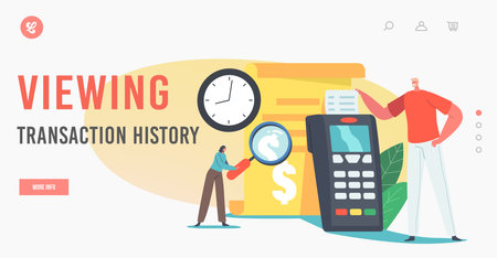 Viewing Transaction History Landing Page Template. Man Buyer Character take Bill at Huge Pos Terminal in Supermarketのイラスト素材