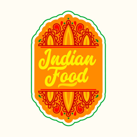Indian Food Label with Traditional Oriental Ornament. India Cafe, Restaurant Icon, Emblem or Orange Isolated Signboardのイラスト素材