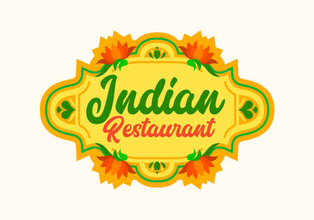 Indian Restaurant Emblem with Blooming Lotus Flowers with Orange Petals and Green Leaves. Food of India Label for Cafeのイラスト素材