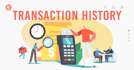 Transaction History Landing Page Template. Tiny Characters Read Bill at Huge Card Reader Machine or Pos Terminalのイラスト素材