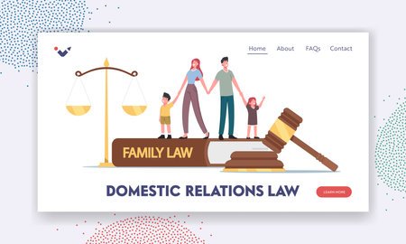 Domestic Relations Law Landing Page Template. Tiny Parents and Children Characters in Judge Courthouse Huge Gavelのイラスト素材
