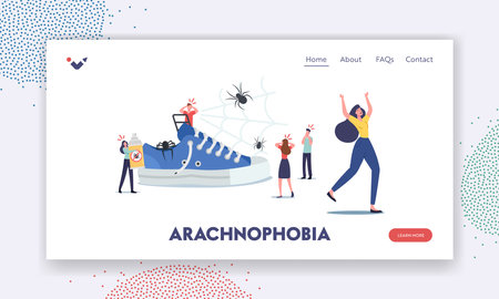 Arachnophobia Landing Page Template. Tiny Frightened Young Characters Afraid of Huge Spiders. Mental Problem, Panicのイラスト素材