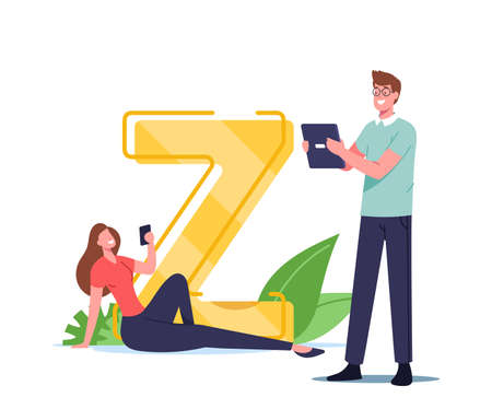 Tiny Characters with Gen Z Generation Virtual Communication Concept. Young Man and Woman with Smartphonesのイラスト素材