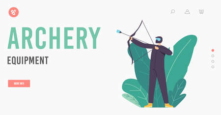Archery Equipment Landing Page Template. Sport Training or Competition. Archer Character in Protective Helmet Shootingのイラスト素材