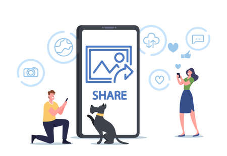 Tiny Male Character Shooting Pet at Huge Smartphone, Woman Making Selfie. People Sharing Photo with Friends or Followersのイラスト素材