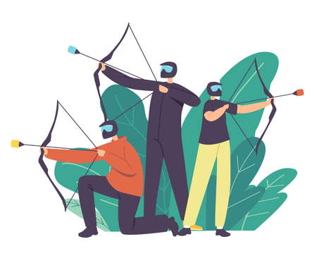 Archery Sport Concept. Archer Family Characters Wearing Protective Helmets Shooting with Bow and Arrows. Sport Challengeのイラスト素材