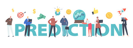 Business Prediction, Forecast of Market Trends. Tiny Business Characters at Huge Crystal Globe Trying to Predict Stockのイラスト素材