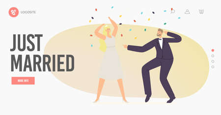 Just Married Bride and Groom Characters Dance Landing Page Template. Couple Perform Wedding Dancing during Celebrationのイラスト素材