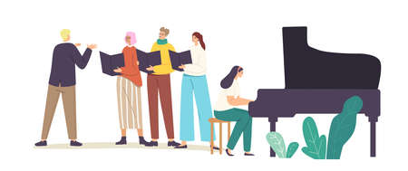 Singers Choir Event. Characters Singing in Chorus with Musical Accompaniment. Young Men and Women with Singing Booksのイラスト素材