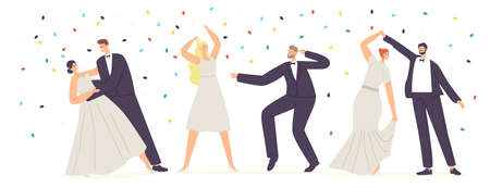 Wedding Dancing and Celebration Concept. Just Married Characters Dance, Newlywed Bride and Groom Couple Marriageのイラスト素材