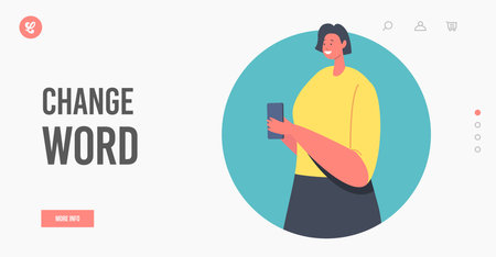 Change Word Landing Page Template. Young Woman Read or Send Sms to Friends Use Cellular, Girl Character Texting Smsのイラスト素材