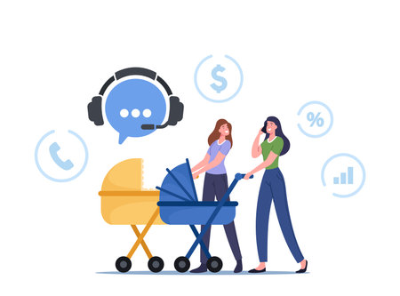Young Women Walking with Baby Strollers Call to Client Support Service or Telemarketing Store for Ordering Goodsのイラスト素材
