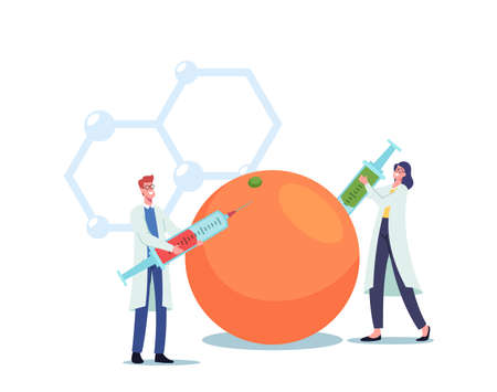 Genetically Modified Food and Agriculture Experiment in Lab. Tiny Scientist Character Inject Liquid for DNA Modificationのイラスト素材