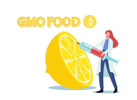 Tiny Scientist Inject Liquid for DNA Modification in Huge Lemon in Scientific Laboratory. Genetically Modified Foodのイラスト素材