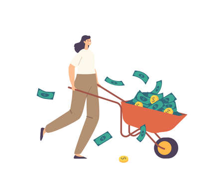 Rich Millionaire Businesswoman Character with Money Wheelbarrow Full of Gold Coins and Dollars. Business Growth, Wealthのイラスト素材