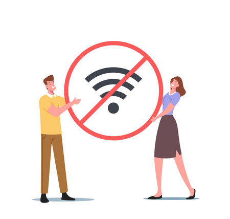 Digital Detox Concept. Tiny Male and Female Characters Holding Huge Crossed Wifi Symbol. People Exit Media Networksのイラスト素材