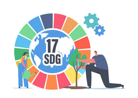 Characters Watering Green Plant at Colorful SDG Wheel. Sustainable Development Goals, Forest Restoration, Reforestationのイラスト素材