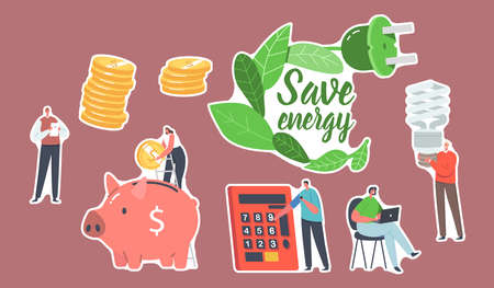 Set of Stickers Save Energy Theme. Male and Female Characters Counting Benefit at Calculator, Piggy Bank, People Use Energy Saving Eco Lamp, Woman Working on Laptop. Cartoon People Vector Illustrationのイラスト素材