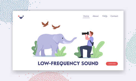 Low-frequency Infra Sound Waves Landing Page Template. Photographer Character Shoot Elephant and Birdsのイラスト素材
