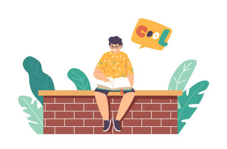 Little Boy Reading Book Sitting on Brick Wall, Kid Character Studying, Learning Classes Outdoors. School Child Educationのイラスト素材